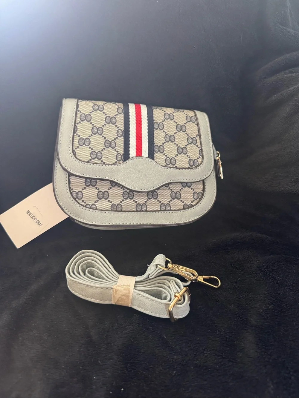 Gray Canvas Crossbody Bag with Stripe Accent